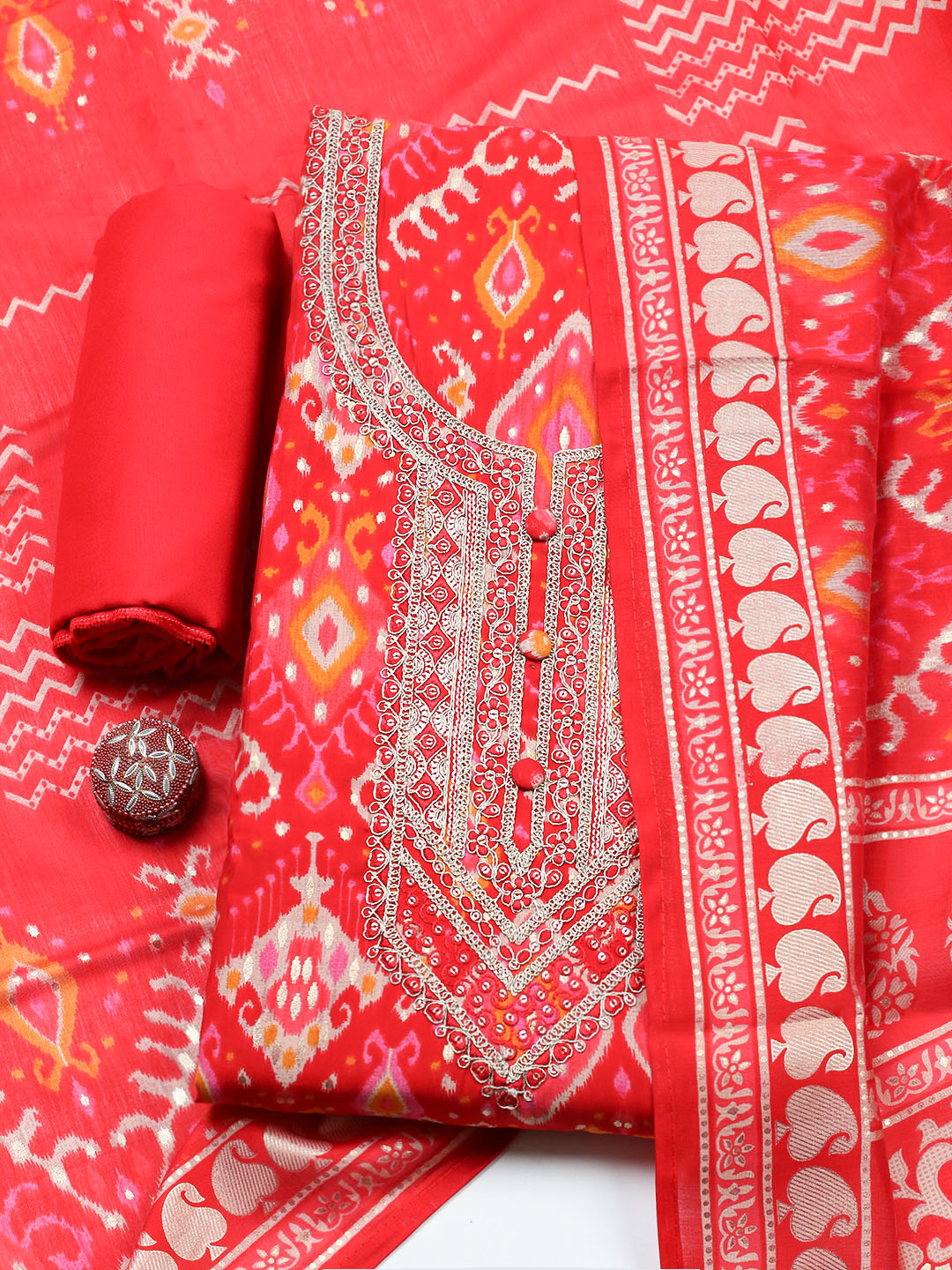 Embroidered Cotton Unstitched Suit With Pant &amp; Dupatta