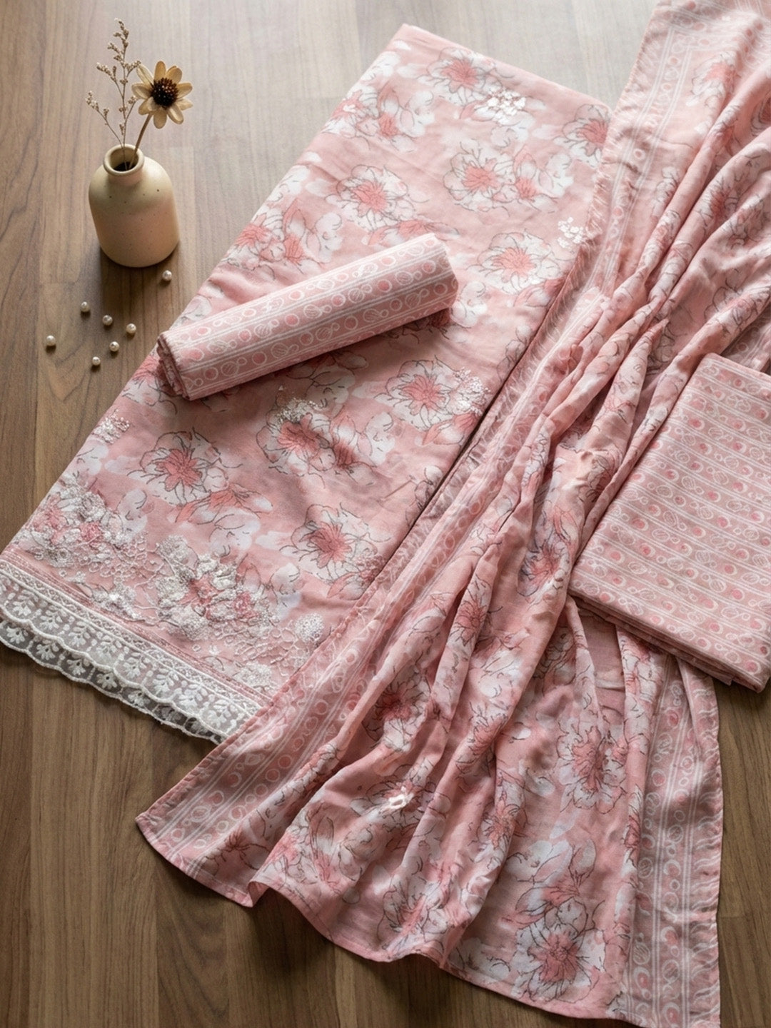Printed Cotton Blend Unstitched Suit With Pant &amp; Dupatta
