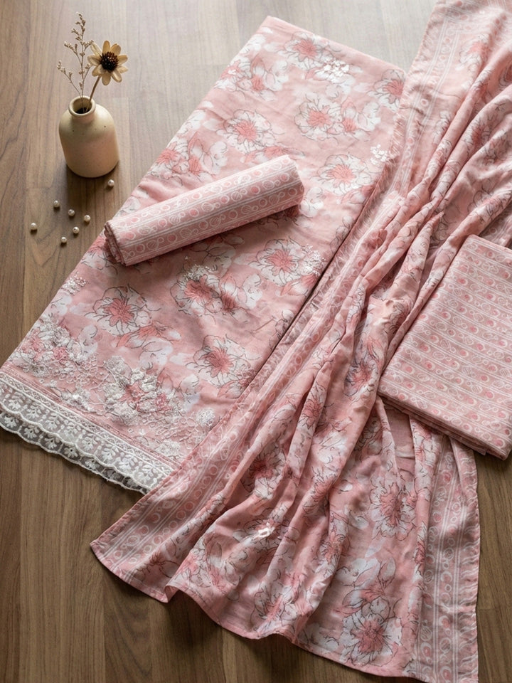 Printed Cotton Blend Unstitched Suit With Pant &amp; Dupatta