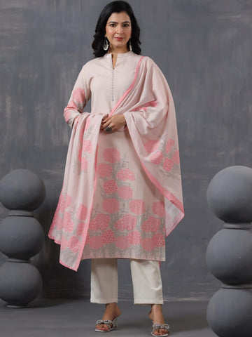 Printed Cotton Kurta With Pants & Dupatta