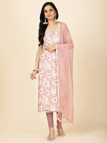 Floral Printed Cotton Unstitched Suit Piece With Dupatta