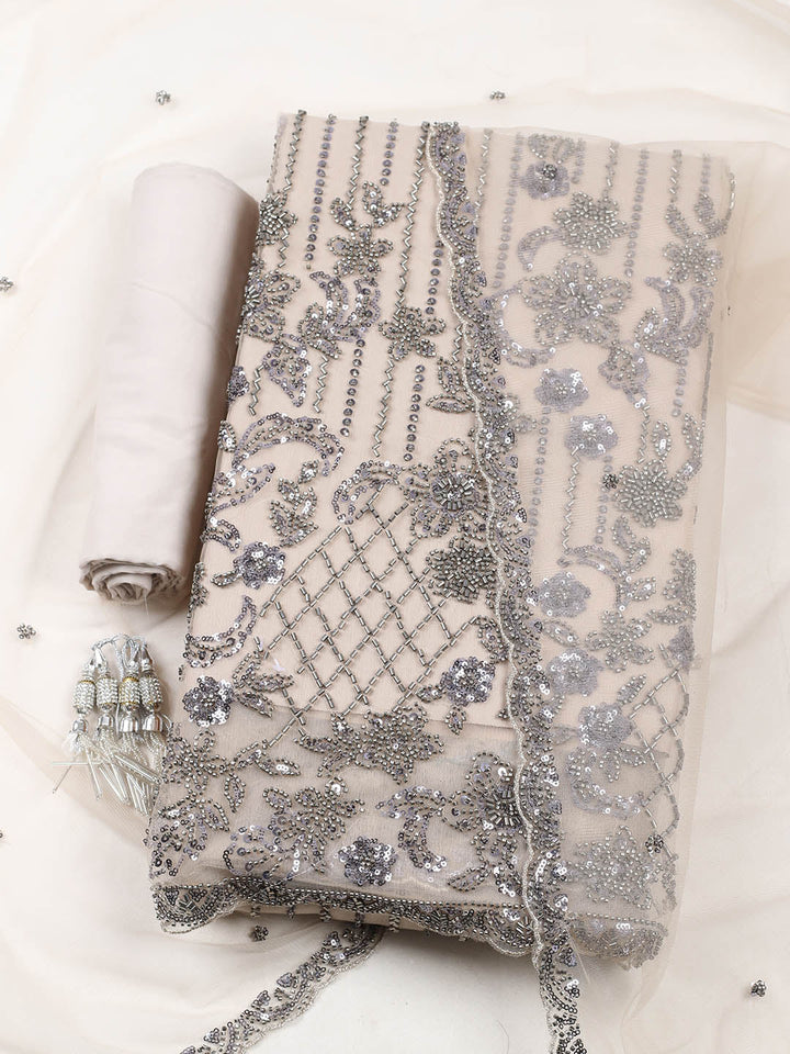 Embroidered Net Unstitched Suit With Pant &amp; Dupatta