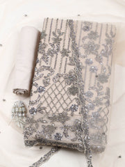 Embroidered Net Unstitched Suit With Pant & Dupatta