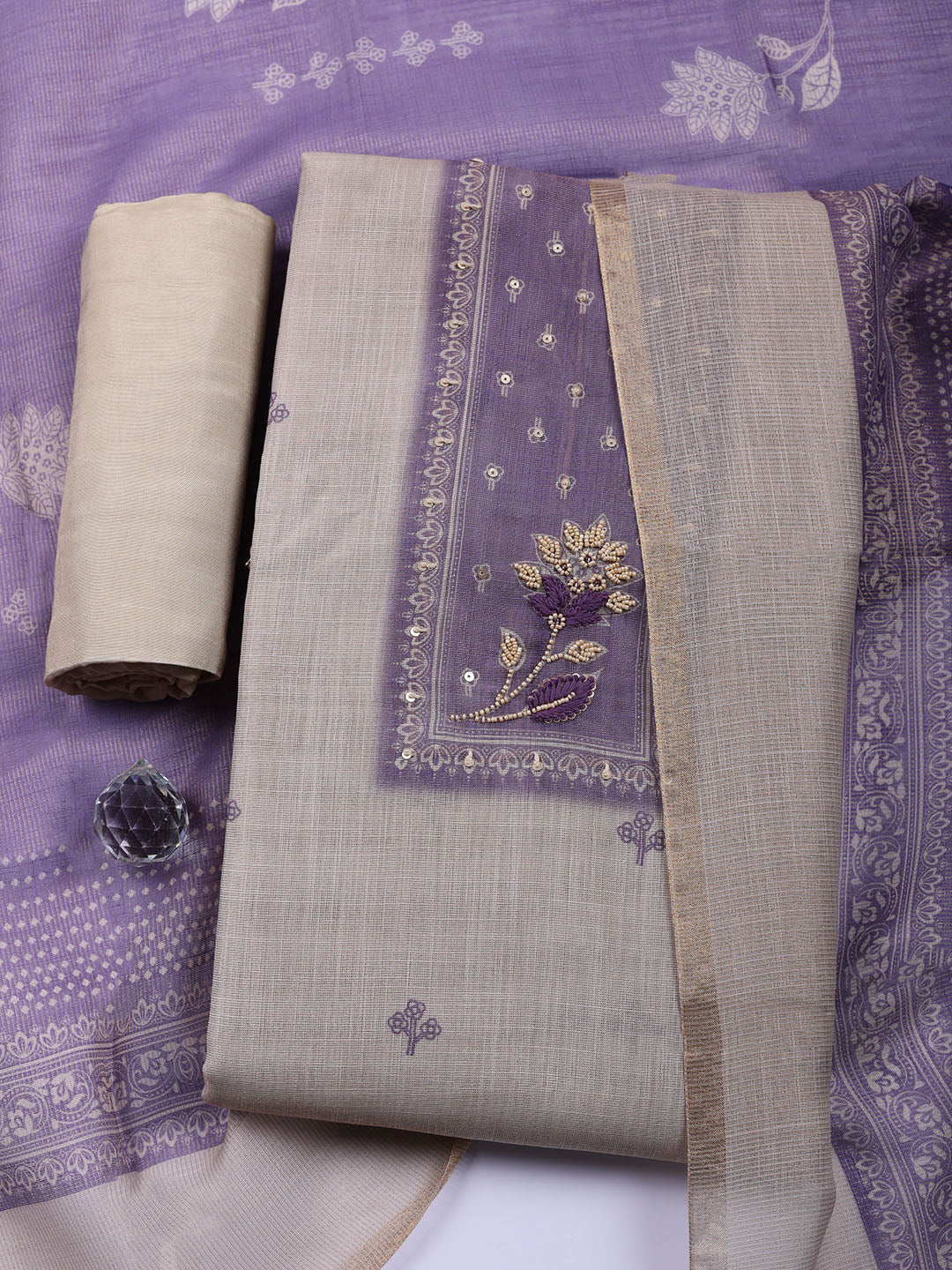 Embroidered Linen Blend Unstitched Suit With Pant Dupatta