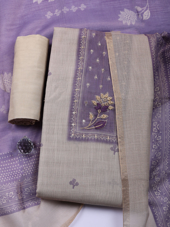 Embroidered Linen Blend Unstitched Suit With Pant Dupatta