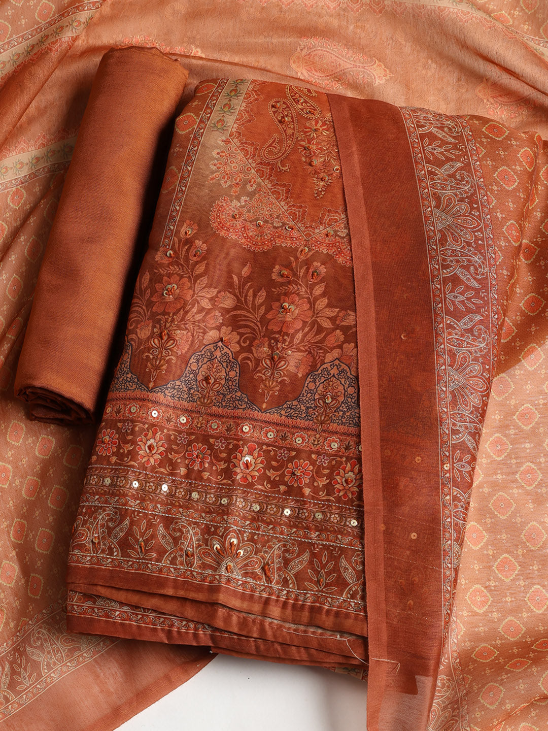 Printed Booti Chanderi Unstitched Suit With Dupatta