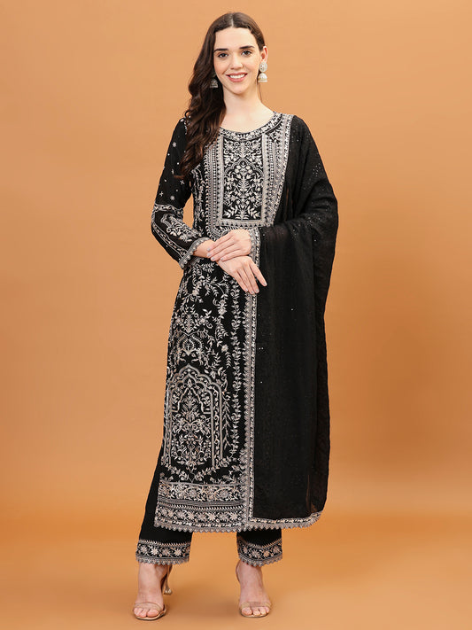 Resham Embroidery Crepe Kurta With Pants & Dupatta