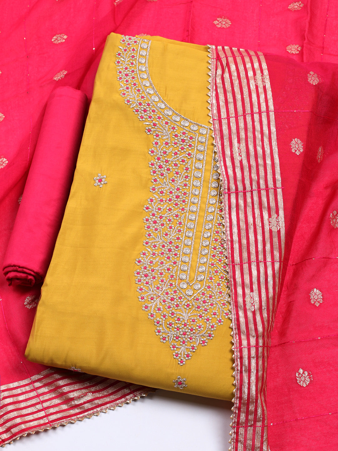 Neck Embroidered Chanderi Unstitched Suit With Dupatta