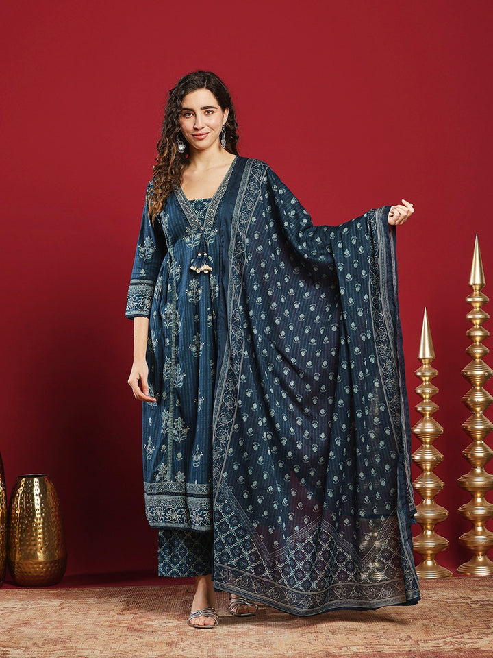 Blue Cotton Blend Printed Straight Suit Set
