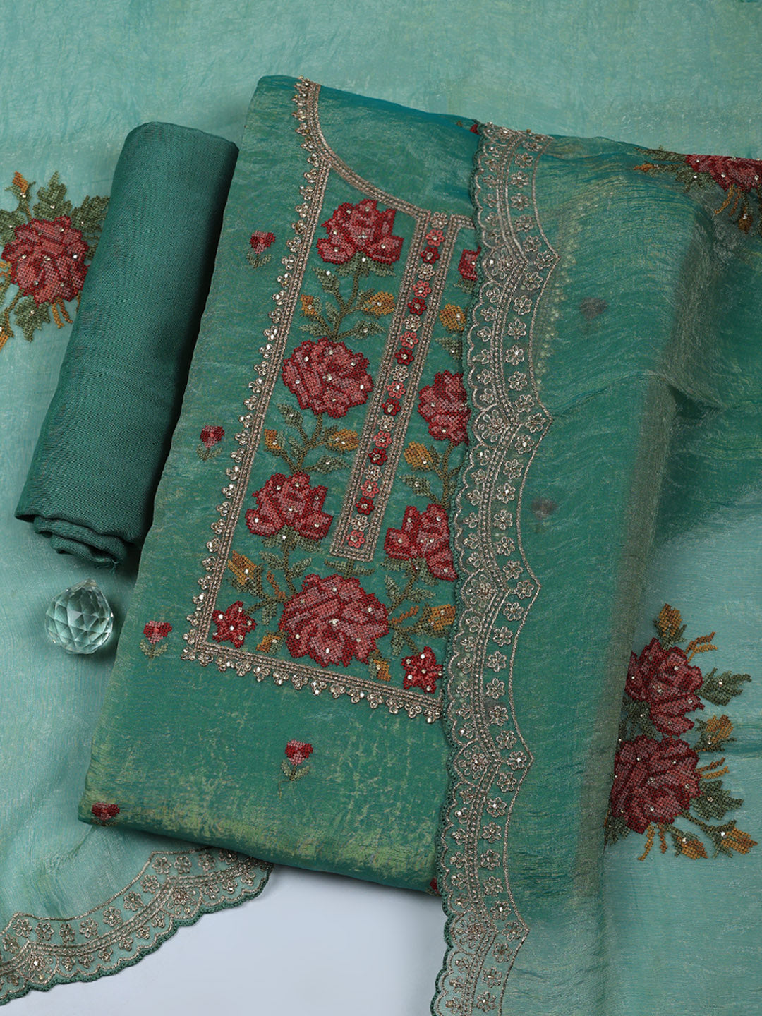 Embroidered Tissue Unstitched Suit With Pant &amp; Dupatta