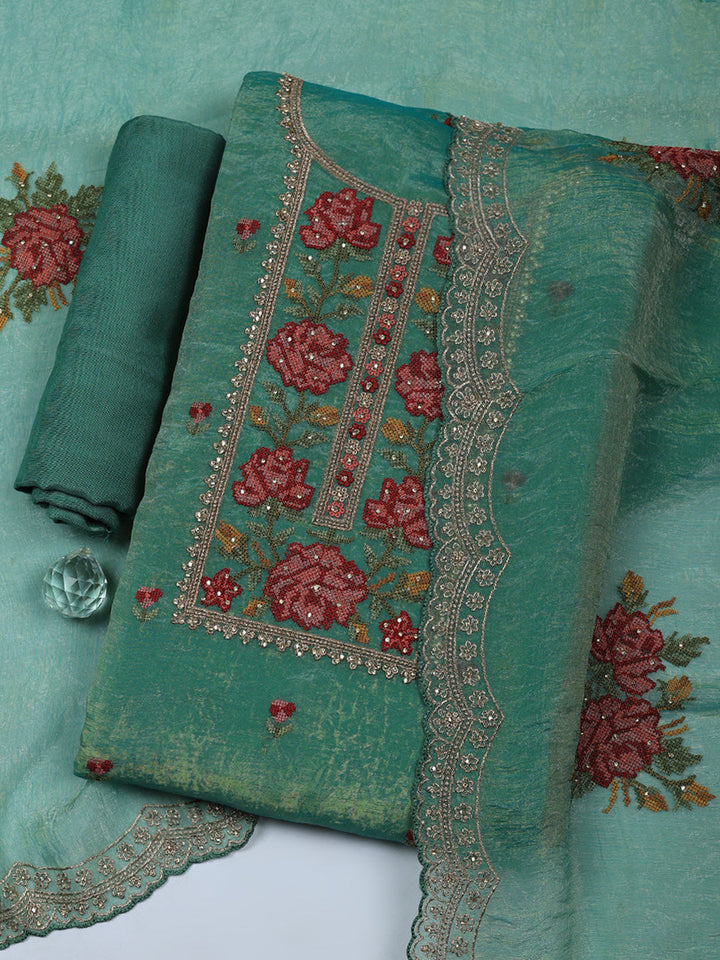 Embroidered Tissue Unstitched Suit With Pant &amp; Dupatta