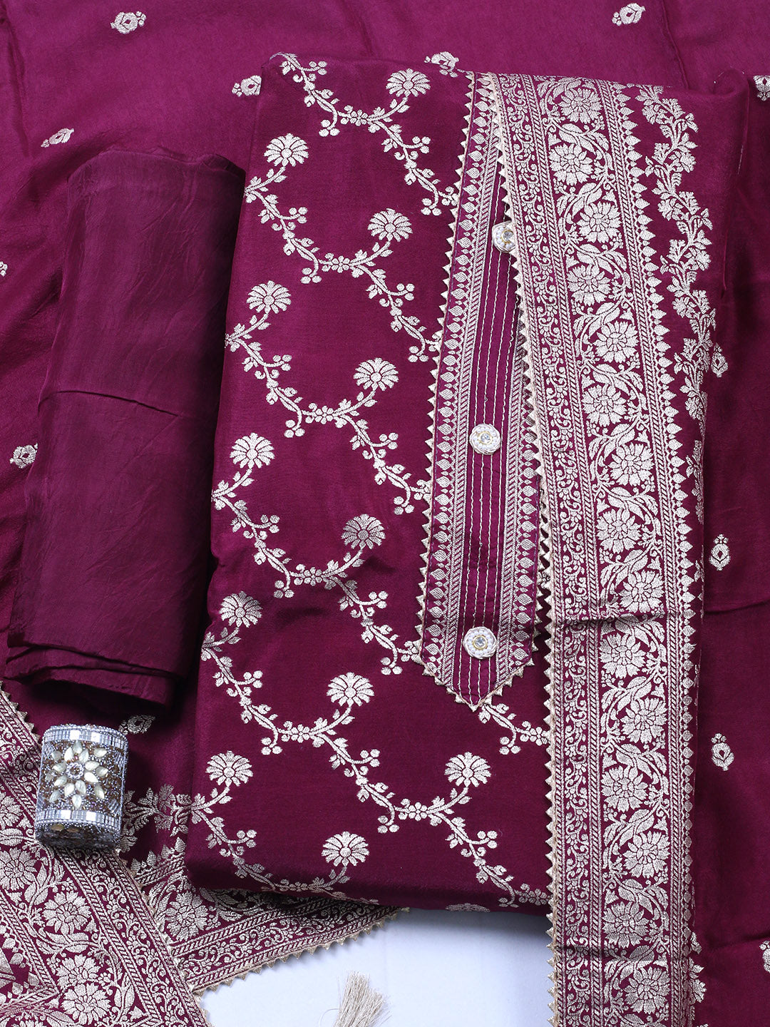 Embroidered Chanderi Unstitched Suit With Pant &amp; Dupatta