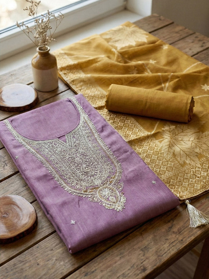 Embroidered Chanderi Unstitched Suit With Pant &amp; Dupatta