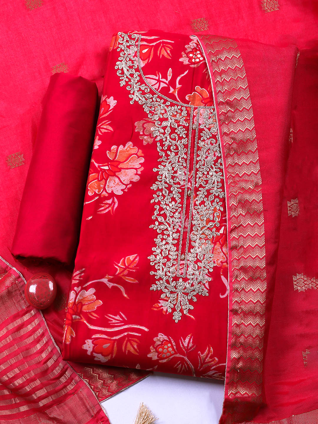 Embroidered Cotton Blend Unstitched Suit With Pant &amp; Dupatta