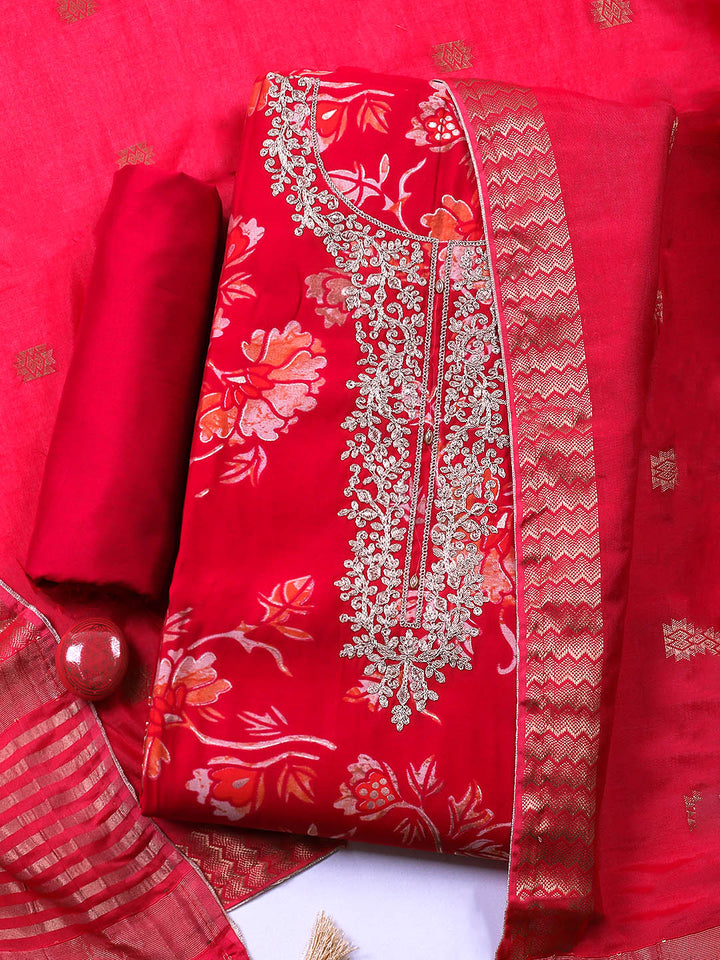 Embroidered Cotton Blend Unstitched Suit With Pant &amp; Dupatta