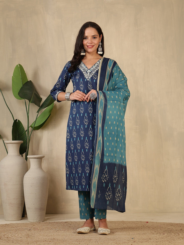 Printed Cotton Blend Suit With Pant &amp; Dupatta