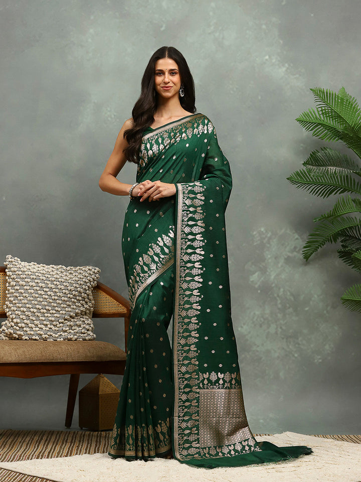 Zari Border Booti Cotton Blend Woven Saree