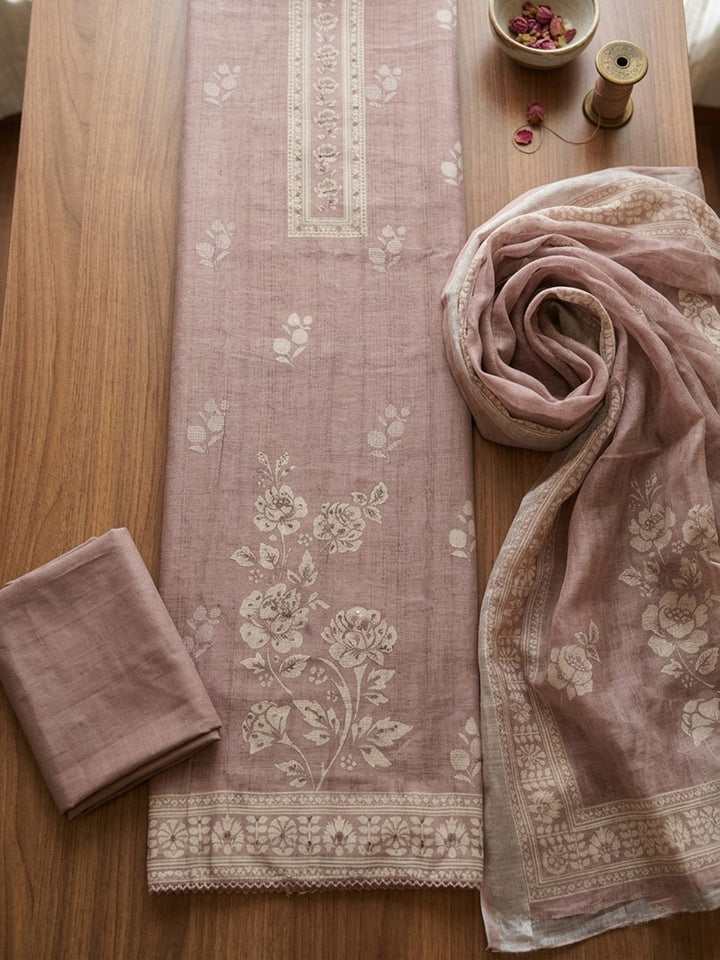 Printed Linen Blend Unstitched Suit With Pant &amp; Dupatta