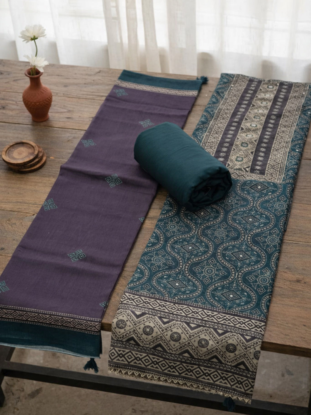 Printed Chanderi Unstitched Suit With Pant &amp; Dupatta