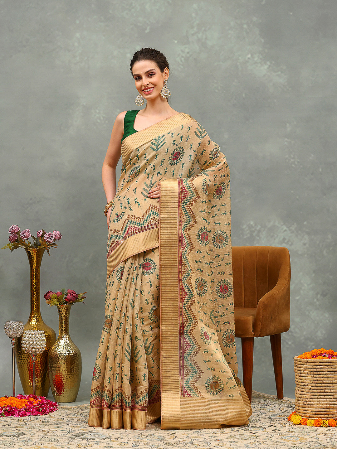 Zaari Border Cotton Blend Saree