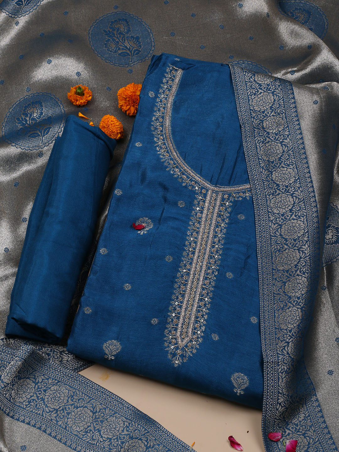 Kanjeevaram Chanderi Unstitched Suit With Dupatta