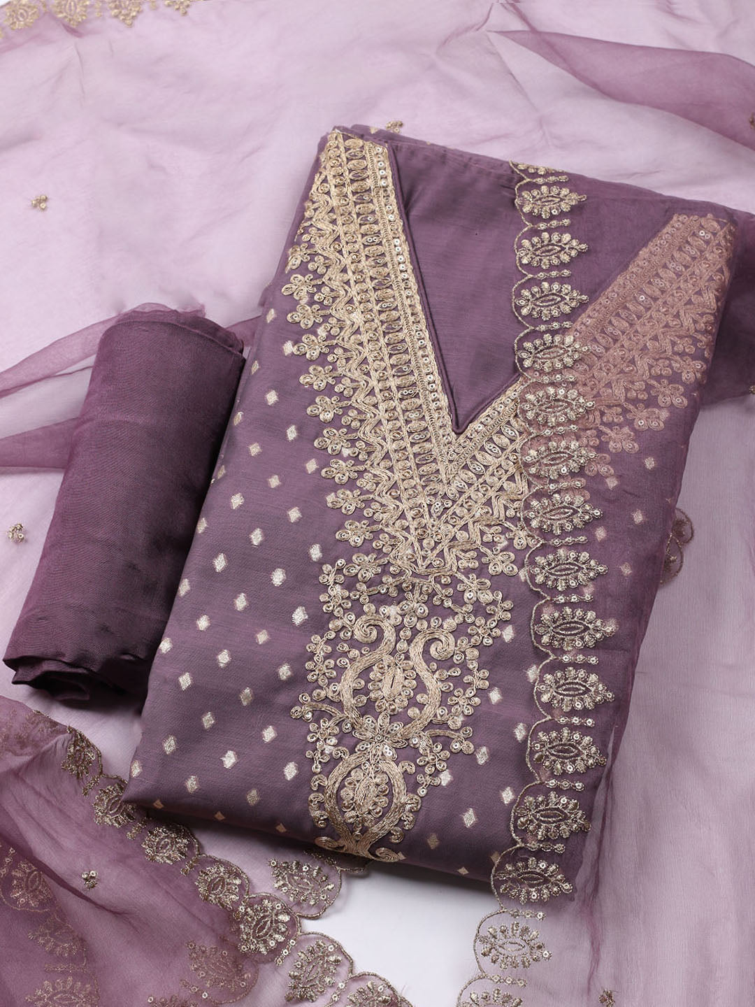 Neck Embroidered Chanderi Unstitched Suit With Dupatta