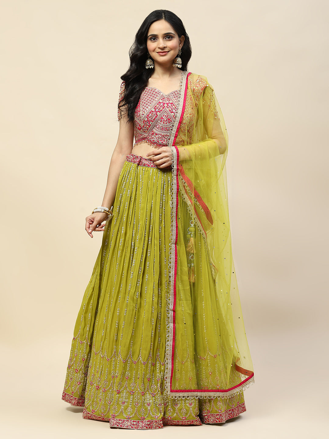 Zari Jaal Embroidered Georgette Choli With Lehenga & Dupatta