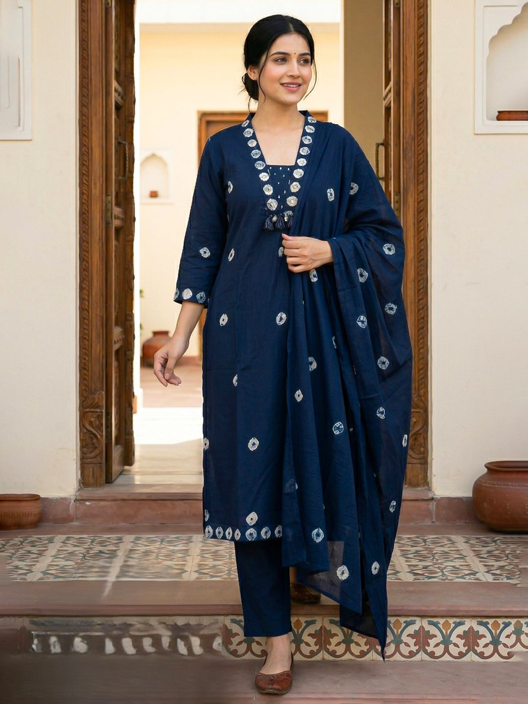 Blue Embroidered Cotton Blend Straight Suit Set With Dupatta