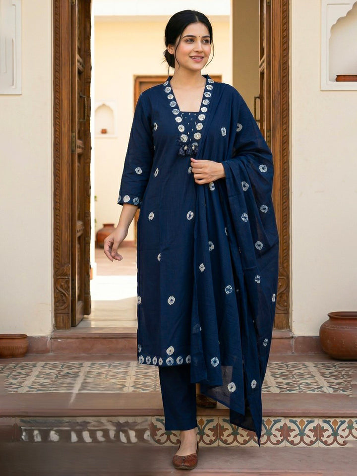 Blue Embroidered Cotton Blend Straight Suit Set With Dupatta
