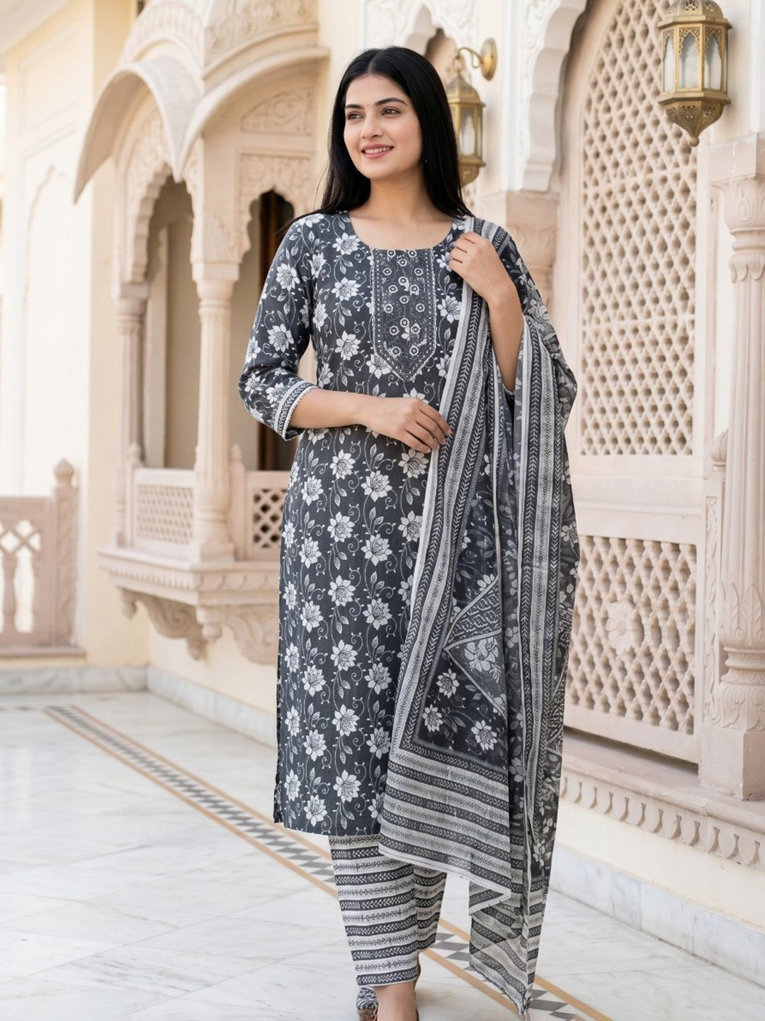 Grey Printed Cotton Blend Straight V Neck Suit Set