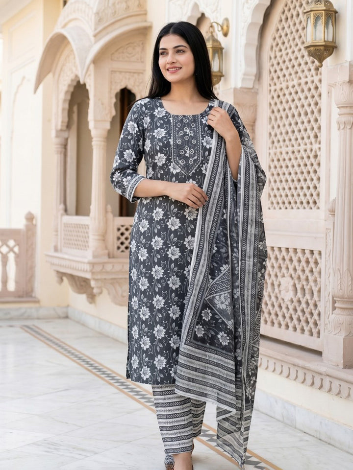 Grey Printed Cotton Blend Straight V Neck Suit Set