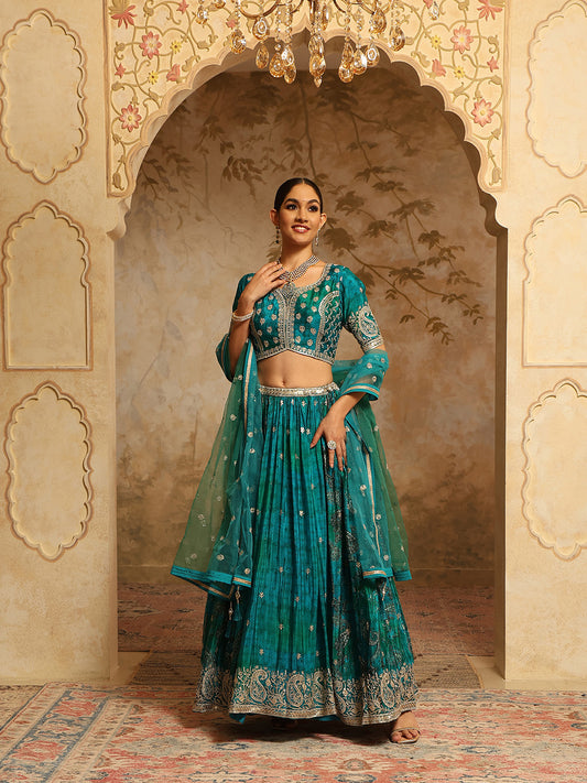 Zari Embroidered & Printed Crepe Choli With Lehenga & Dupatta