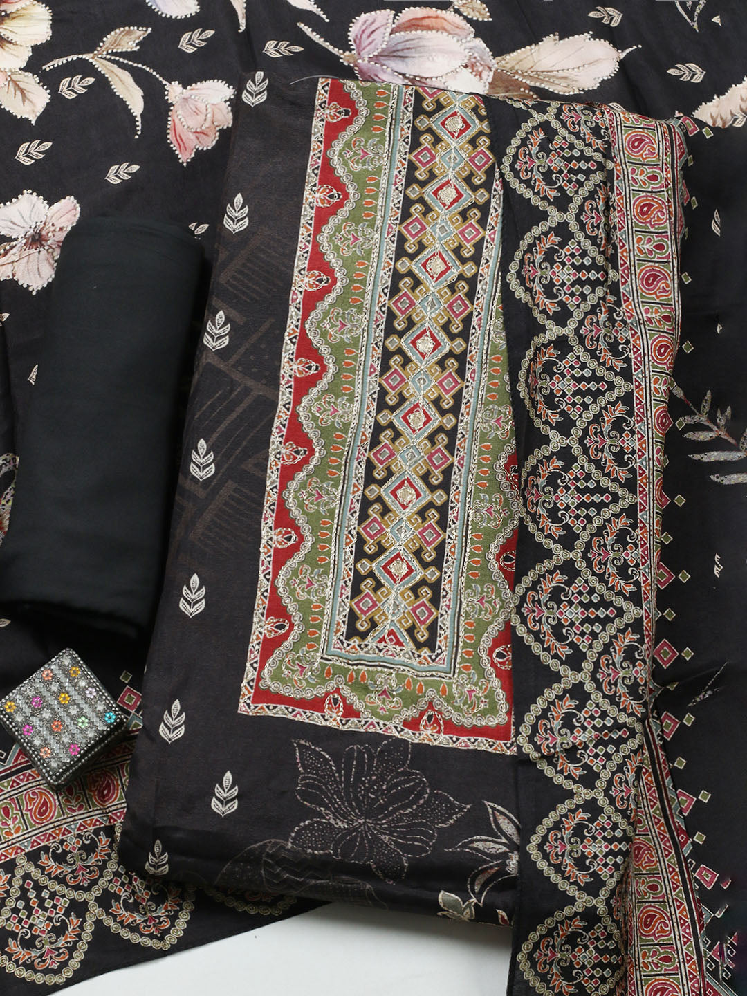 Embroidered Muslin Unstitched Suit With Pant Dupatta