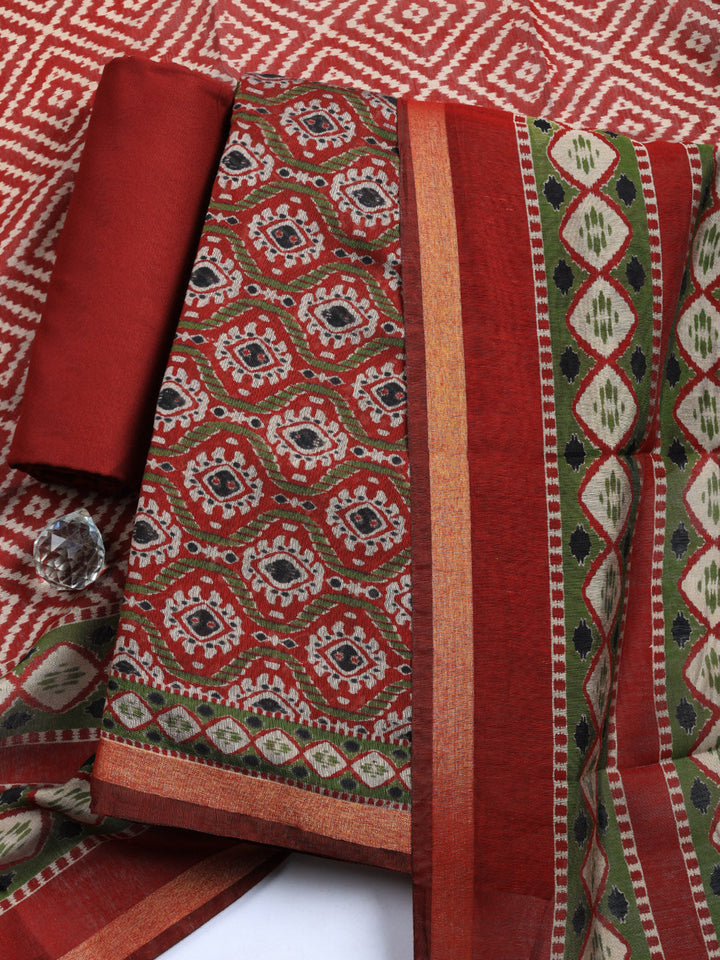Printed Cotton Blend Unstitched Suit With Pant &amp; Dupatta