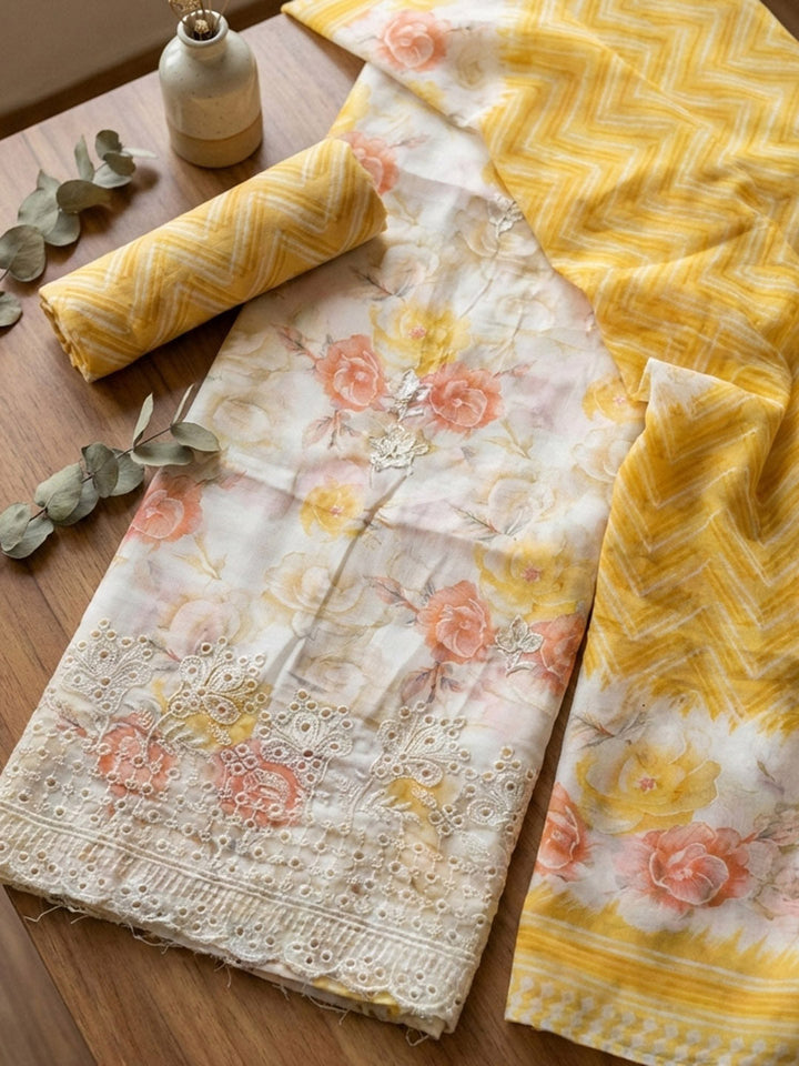 Embroidered Cotton Blend Unstitched Suit With Pant &amp; Dupatta