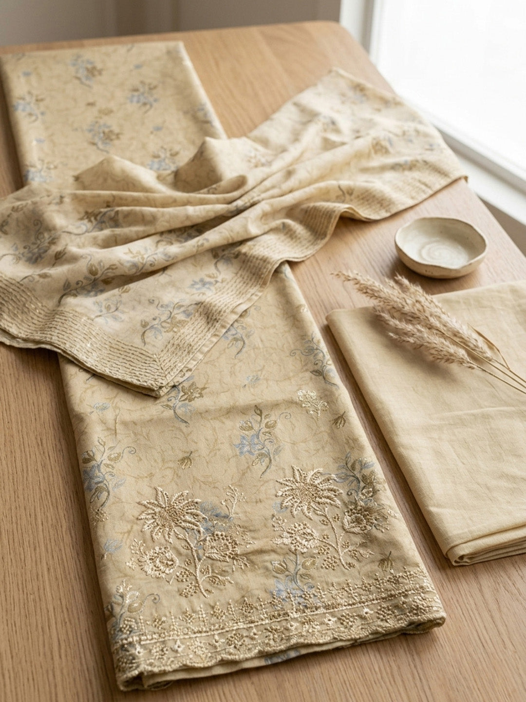 Embroidered Cotton Blend Unstitched Suit With Pant &amp; Dupatta