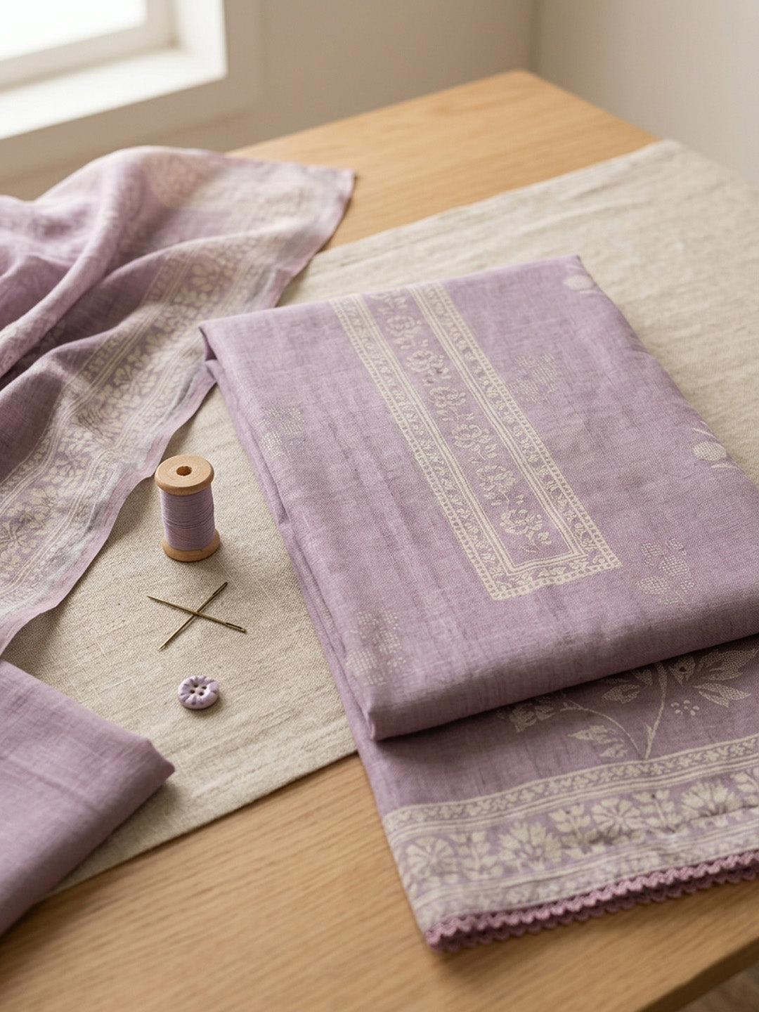 Printed Linen Blend Unstitched Suit With Pant &amp; Dupatta