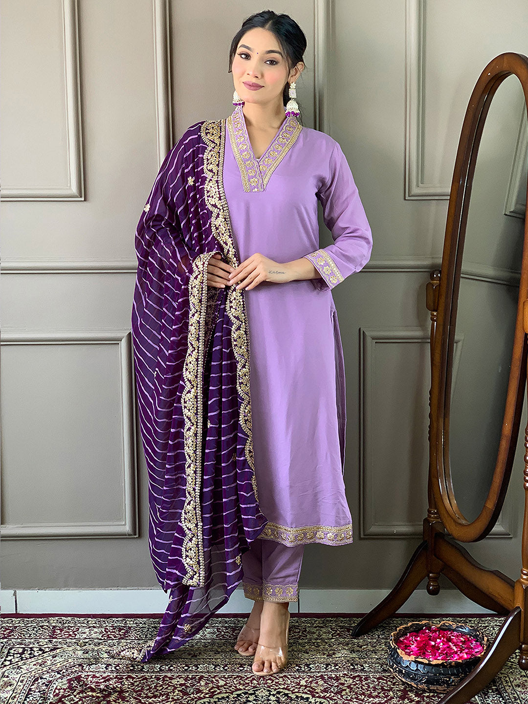 Resham Embroidered Cotton Blend Kurta With Pant & Dupatta
