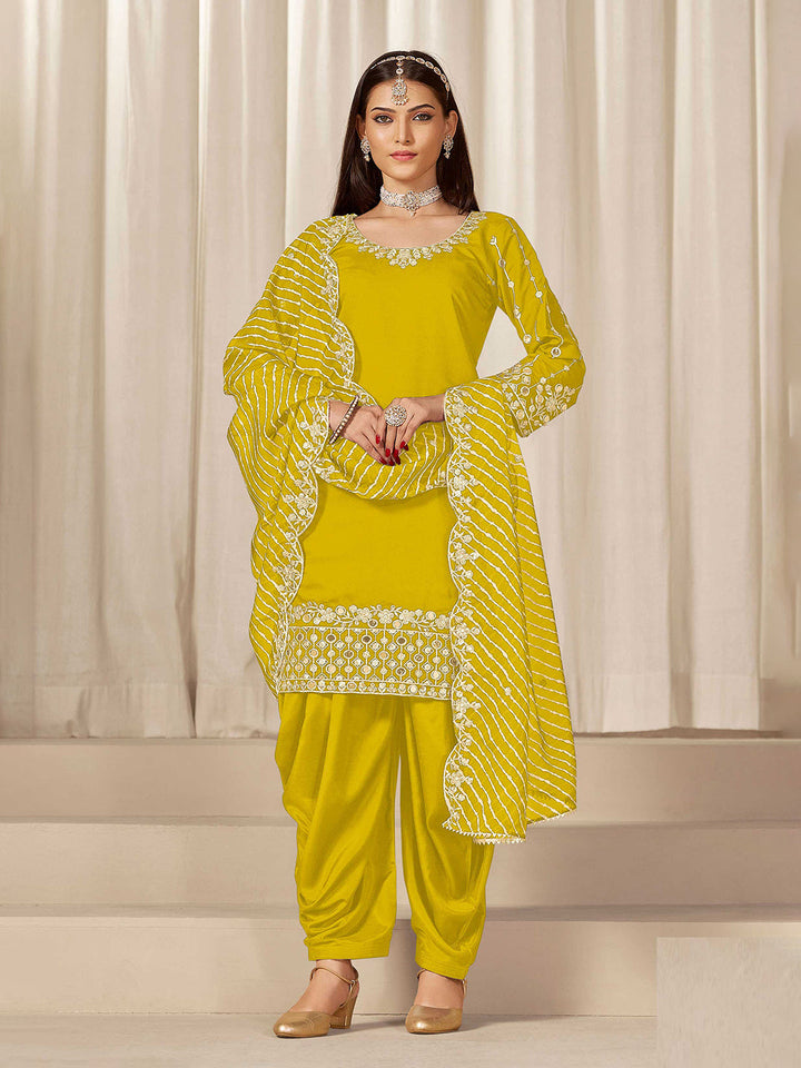 Embroidered Art Silk Semi Stitched Kurta With Skirt &amp; Dupatta
