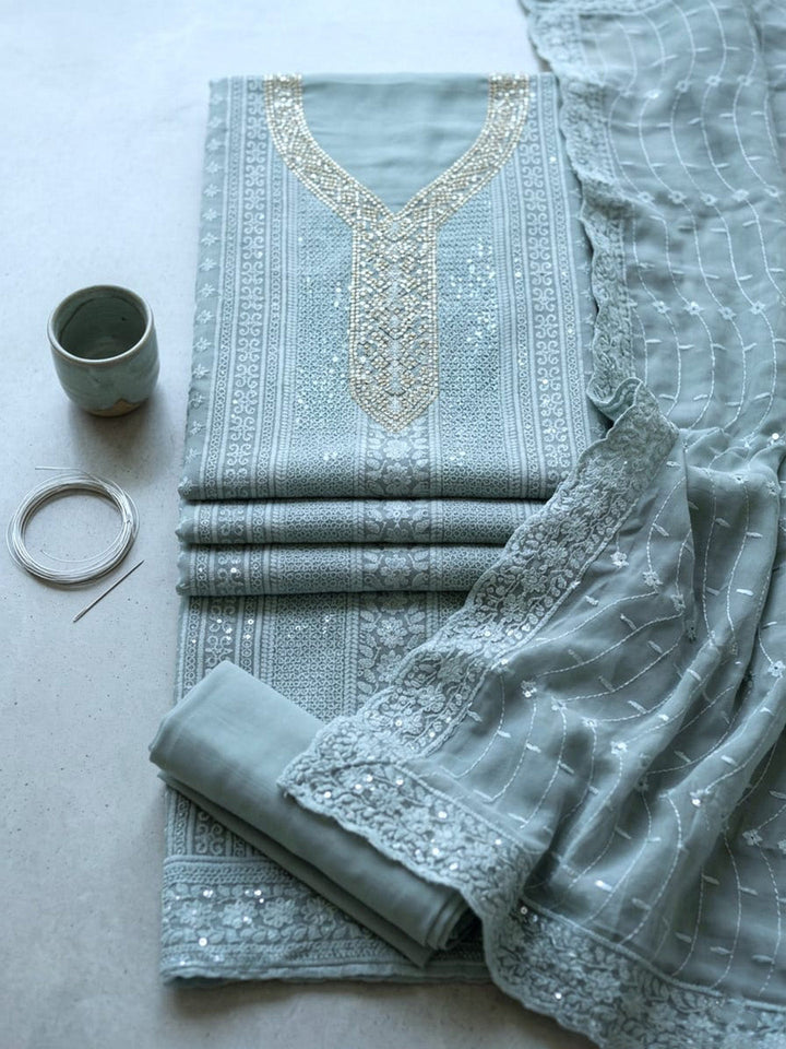 Embroidered Georgette Unstitched Suit With Pant &amp; Dupatta