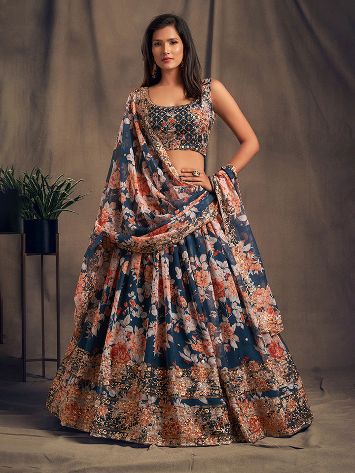 Embroidered Organza Lehenga With Choli &amp; Dupatta