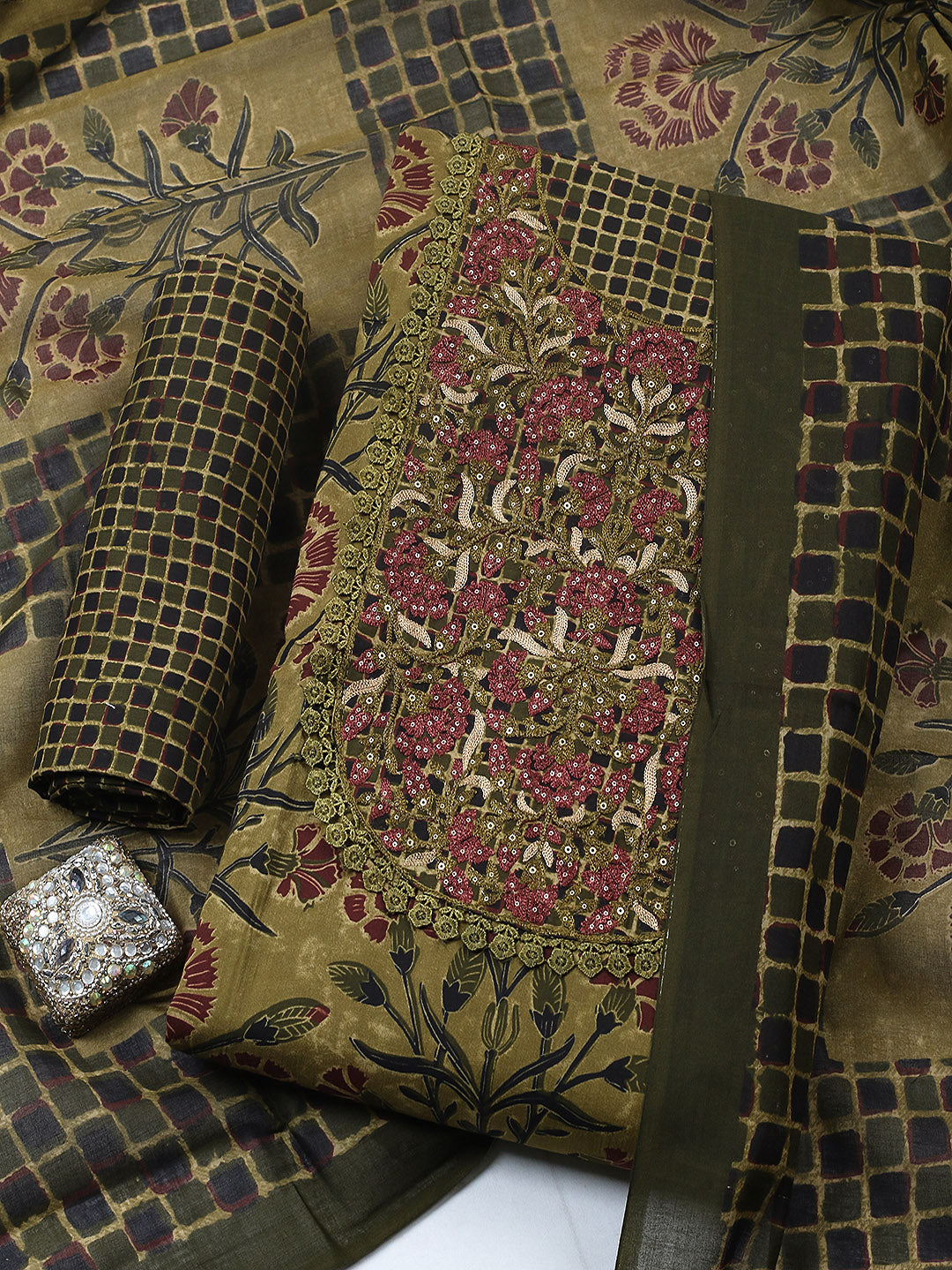 Embroidered Cotton Blend Unstitched Suit With Pant &amp; Dupatta