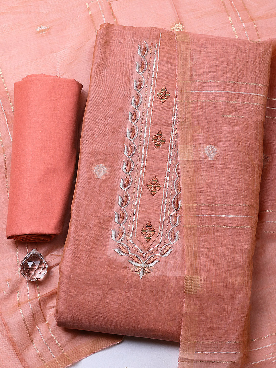 Embroidered Cotton Blend Unstitched Suit With Pant &amp; Dupatta