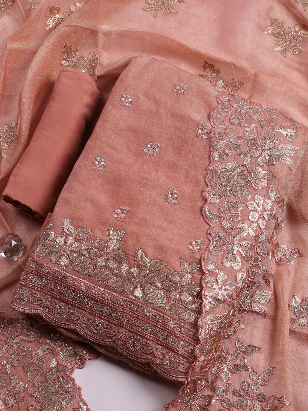Embroidered Organza Unstitched Suit With Pant &amp; Dupatta