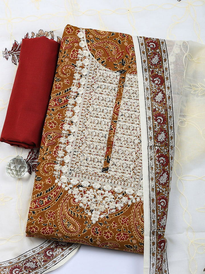 Printed Cotton Blend Unstitched Suit With Pant &amp; Dupatta