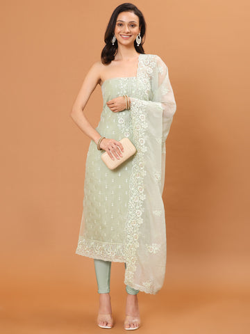 Neck Embroidered Organza Unstitched Suit With Dupatta