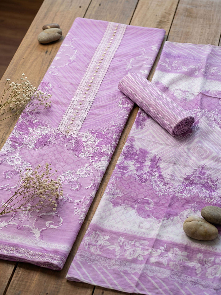 Embellished Cotton Blend Unstitched Suit With Pant &amp; Dupatta