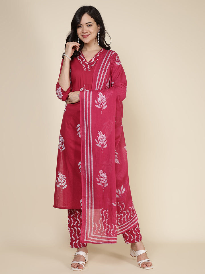 Printed Cotton Blend Kurta With Pants &amp; Dupatta