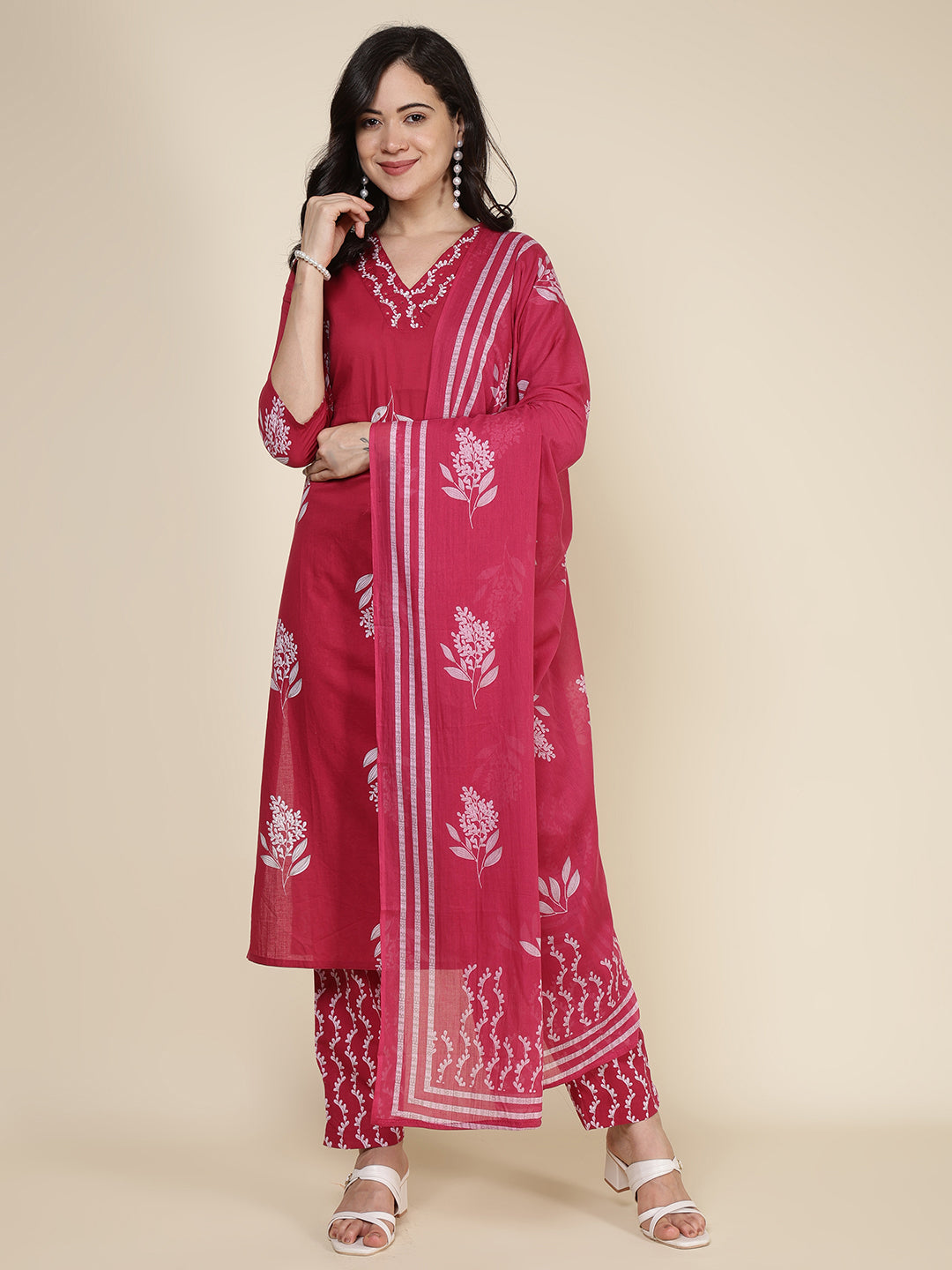 Printed Cotton Blend Kurta With Pants & Dupatta