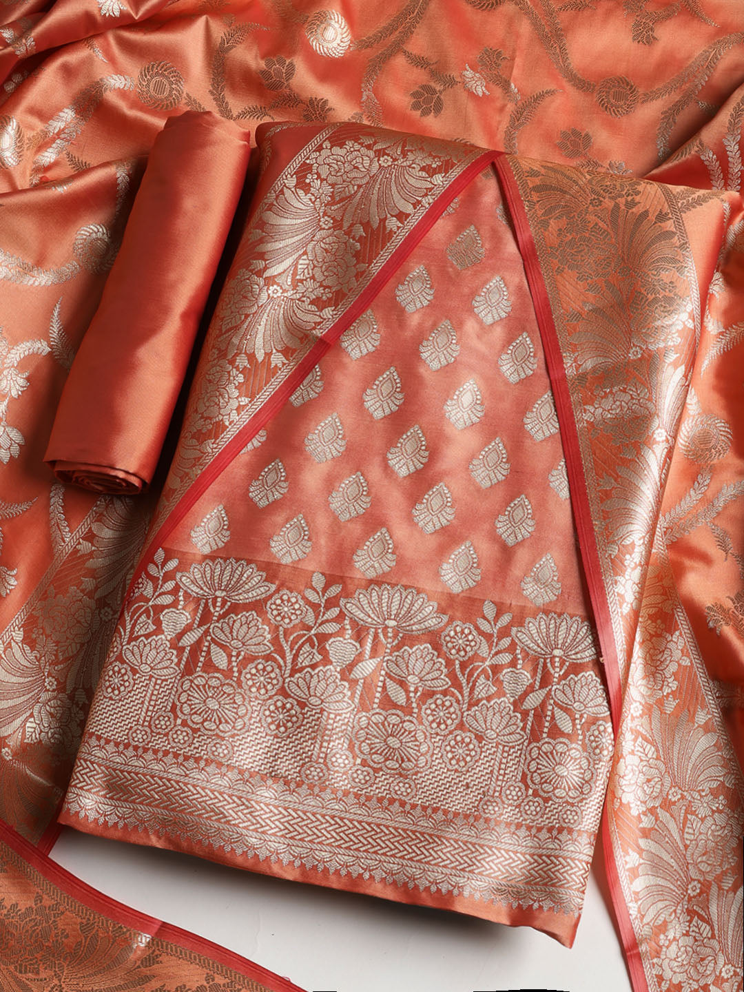 Woven Banarasi Chanderi Unstitched Suit With Dupatta